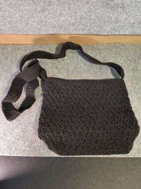 Black Macrame Beaded Shoulder Bag Boho Woven Purse Zip Top Handbag